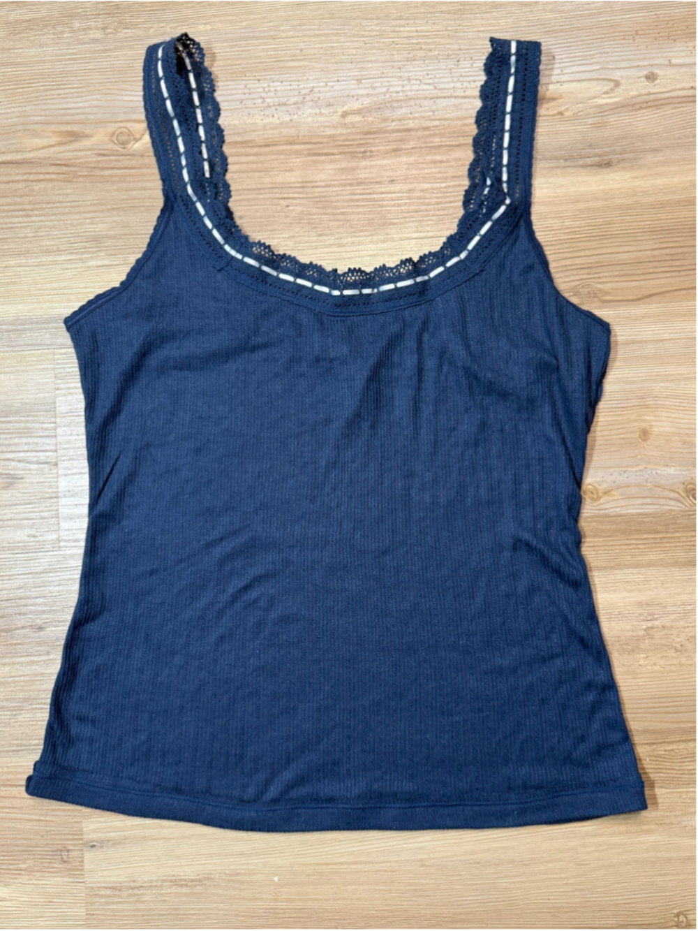 Women's Free People Navy Ribbed Tank Top with White Lace Trim Size Large